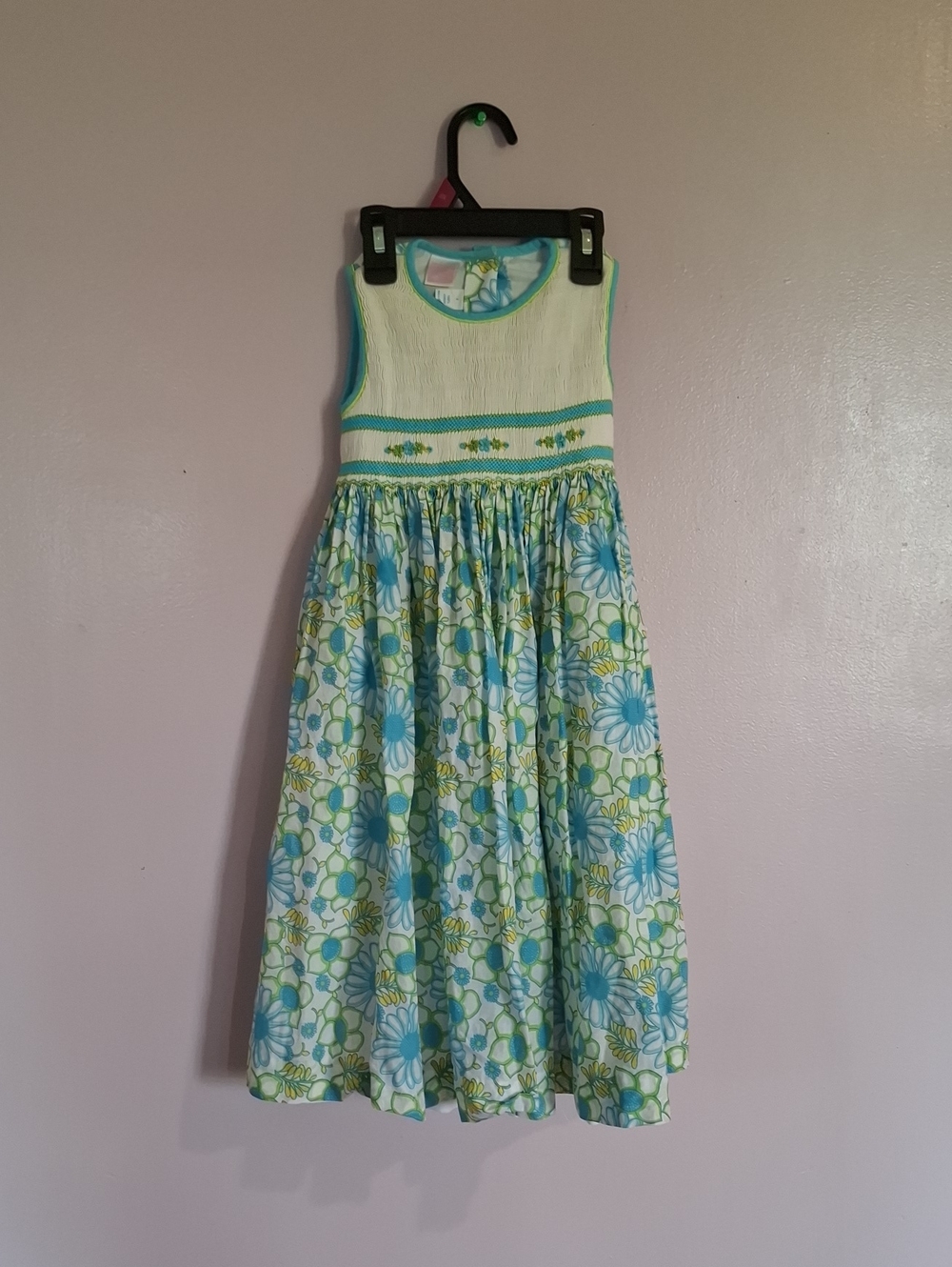 Will'beth Girls Blue Green Floral Hand Smocked Dress Size 5